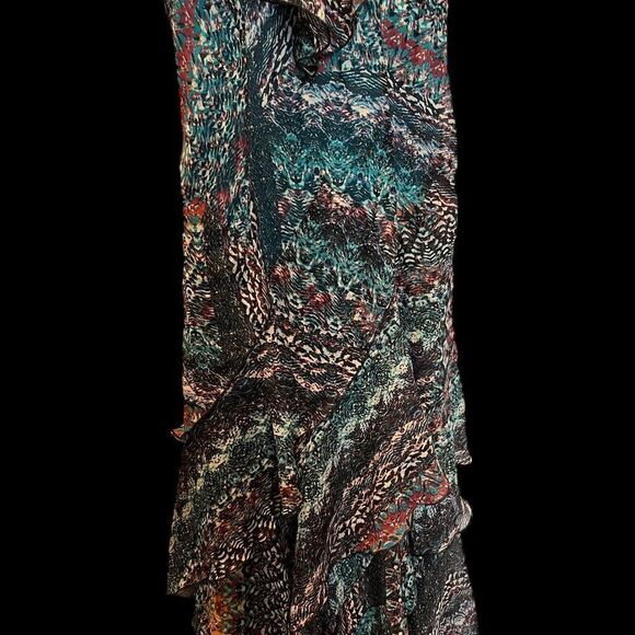 Signature by Robbie Bee Dress Long Cascading Ruffle Size 6 Turquoise/red multi - Picture 3 of 13